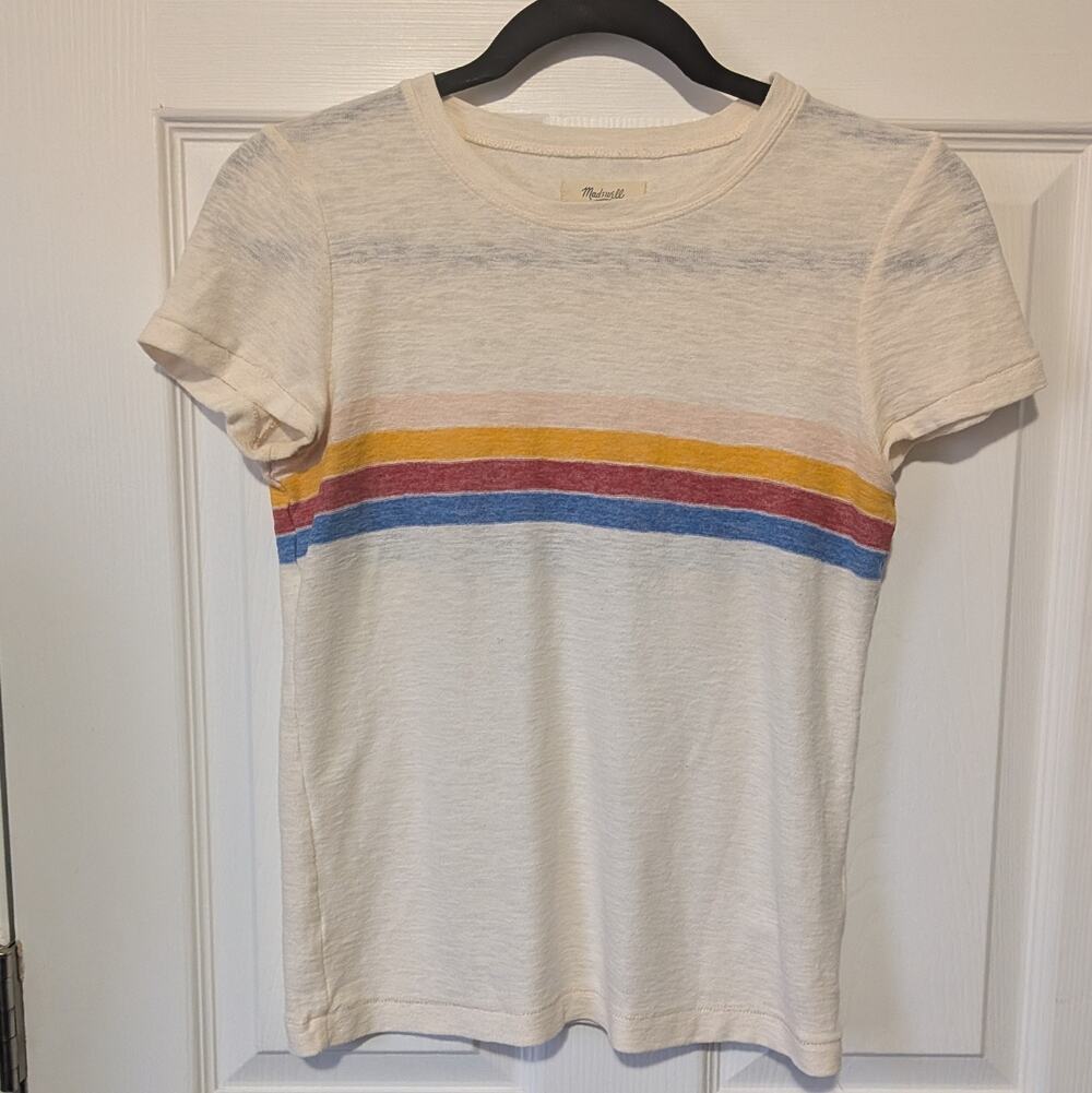 Madewell Retro Rainbow Stripe Crewneck Tee Extra Small XS Cream Slub T-Shirt